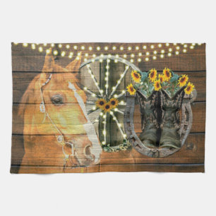 Rustige Zonnebloemen Wagon Wheel Cowboy Boots Theedoek