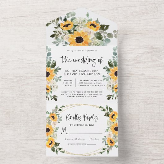 Rustige zonnebloemen | Waterverf Floral Wedding All In One Uitnodiging (Binnen)