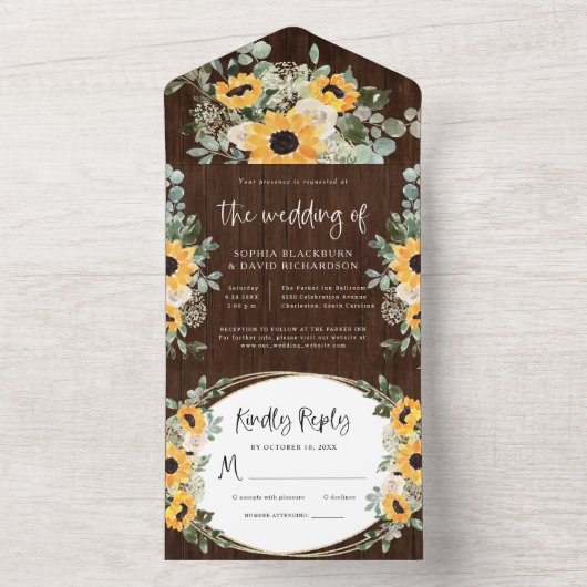 Rustige zonnebloemen | Waterverf Floral Wedding All In One Uitnodiging (Binnen)