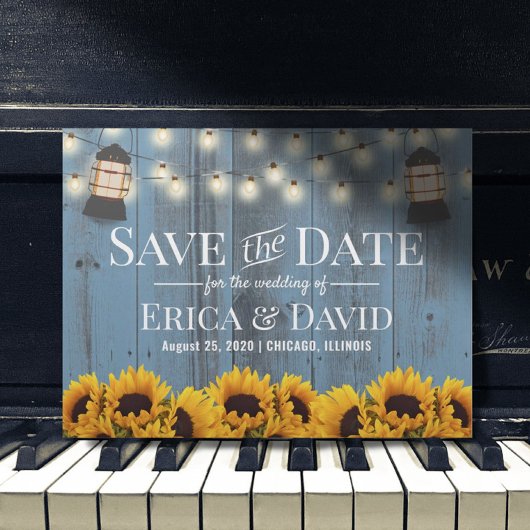 Rustige zonnebloemlantern Dusty Blue Save the Date Aankondigingskaart