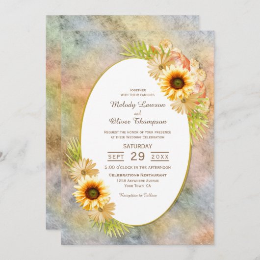 Rustige zonnebloempels met gouden Lijsten bruiloft Kaart (Voorkant / Achterkant)