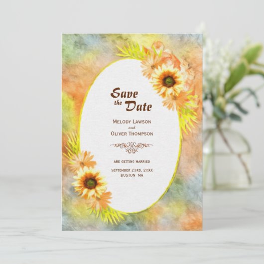 Rustige zonnebloempels save the date (Staand voorkant)