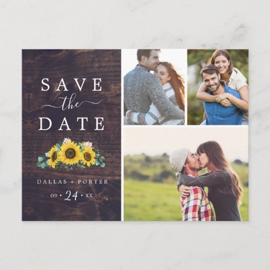 Rustige zonnebloempitten Foto Collage Save the Dat Uitnodiging Briefkaart (Voorkant)