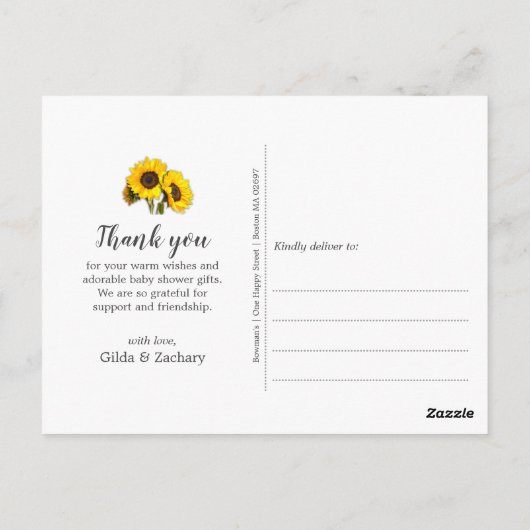 Rustige zonnebloempjes Baby shower Hartelijk dank Briefkaart (Achterkant)