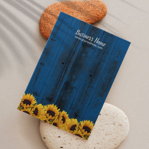 Rustige zonnebloempjes blauw hout visitekaartje