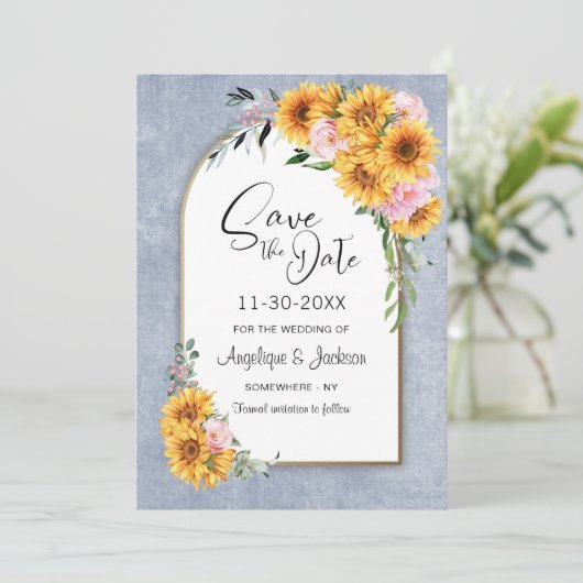 Rustige Zonnebloemroze Rozenplein Save The Date (Staand voorkant)