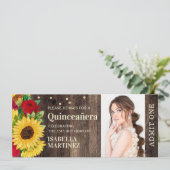 Rustige Zonnebloemrozen, roet Quinceañera Ticket Kaart (Staand voorkant)