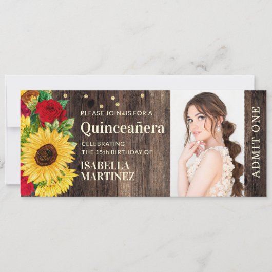 Rustige Zonnebloemrozen, roet Quinceañera Ticket Kaart (Voorkant)