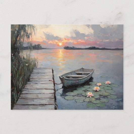 Rustige zonsondergang boven roeiboot op een meer briefkaart (Voorkant)