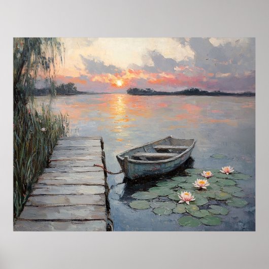 Rustige zonsondergang boven roeiboot op een meer poster (Voorkant)
