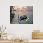Rustige zonsondergang boven roeiboot op een meer poster (Keuken)