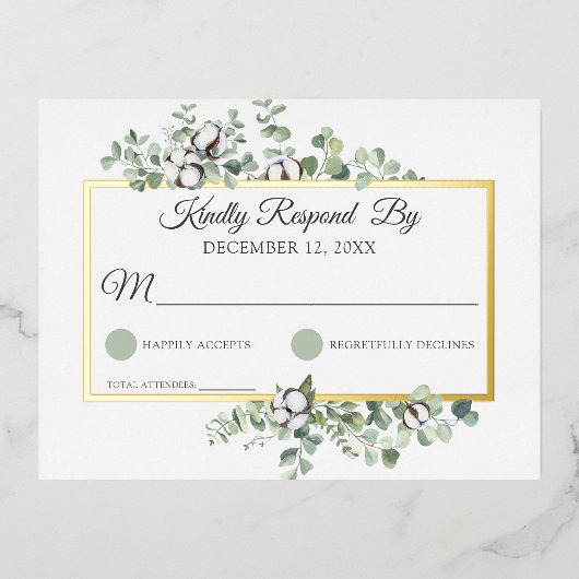 Rustige Zuidelijke Katoen Boll Botanical Wedding R Folie Uitnodiging Briefkaart (Voorkant)