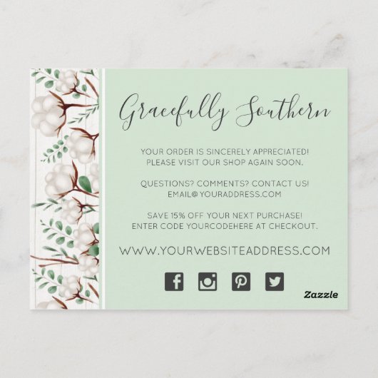 Rustige Zuidelijke katoenbloemen op hout Dank je Briefkaart (Achterkant)