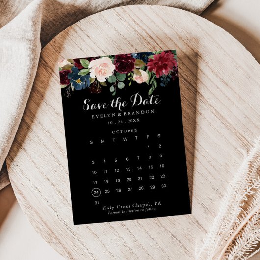 Rustige zwarte botanisch sparen de kalender van de save the date