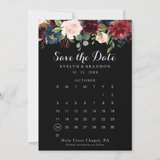 Rustige zwarte botanisch sparen de kalender van de save the date (Voorkant)