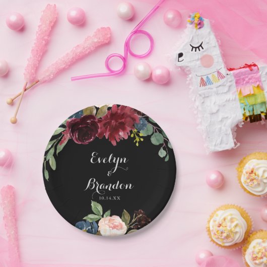 Rustige zwarte botanische bruiloft papieren bordje (Feest)