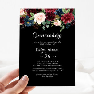 Rustige zwarte botanische Quinceañera Kaart