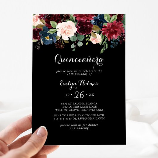 Rustige zwarte botanische Quinceañera Kaart