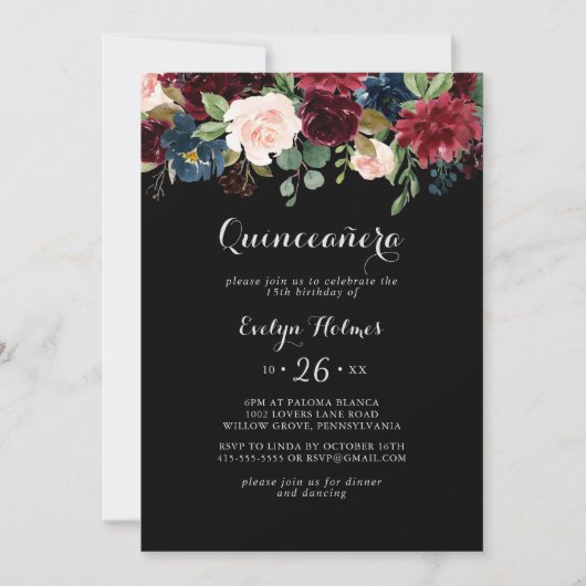 Rustige zwarte botanische Quinceañera Kaart (Voorkant)