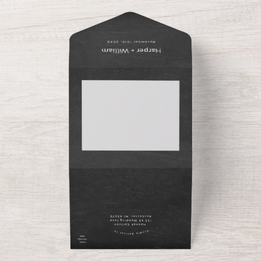 Rustige zwarte karton rsvp bruiloft all in one uitnodiging (Buitenkant)