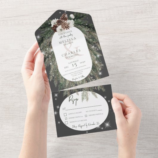 Rustige zwarte koolpine wintersparkle Dinner All In One Uitnodiging (Afscheurbaar)