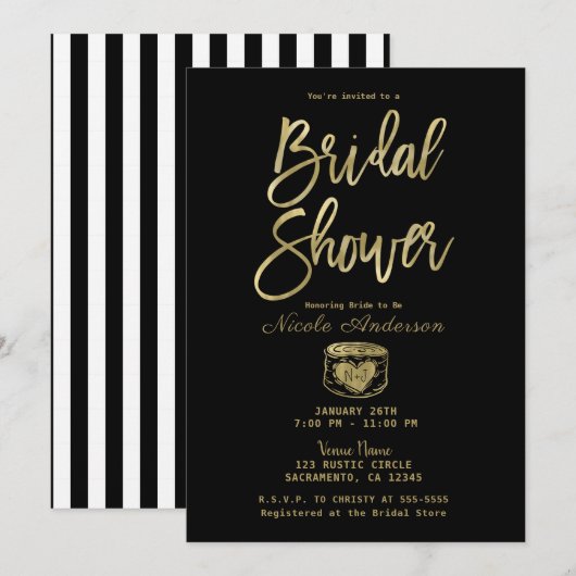 Rustige zwarte witte strepen en goudVrijgezellenfe Kaart (Voorkant / Achterkant)