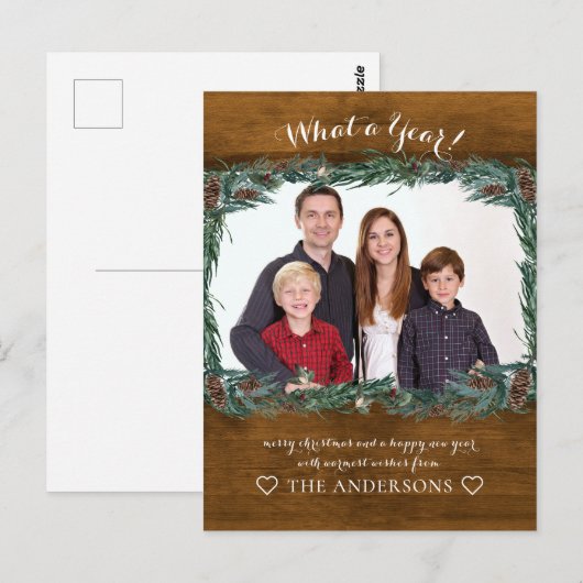 Rustikal Wat een jaar! Weihnachtskranz Foto Briefkaart (Voorkant / Achterkant)