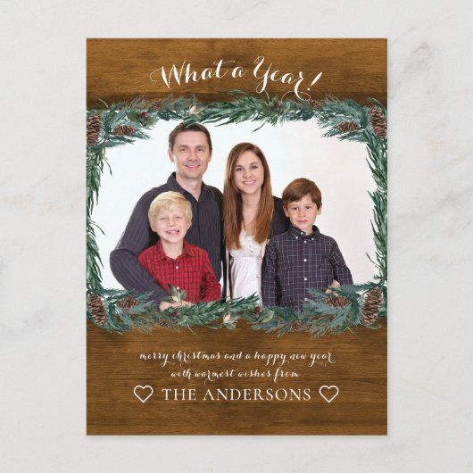 Rustikal Wat een jaar! Weihnachtskranz Foto Briefkaart (Voorkant)