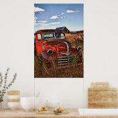 Rusting orange Dodge truck with afschrijoned farm Poster (Keuken)