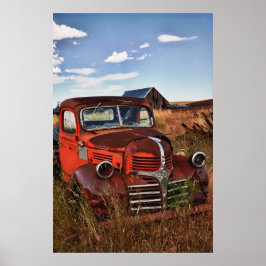 Rusting orange Dodge truck with afschrijoned farm Poster