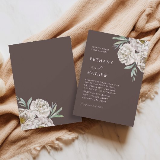 Rustique bruiloft met bruin en wit bloemmotief kaart