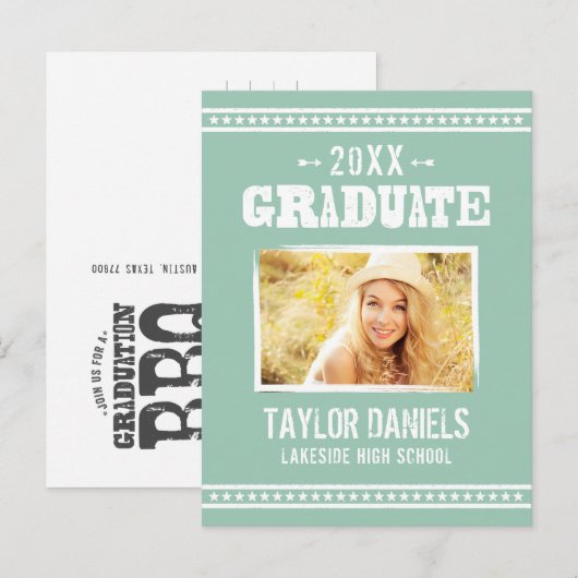 Rustisch Afstuderen BBQ Uitnodiging | bewerkbare k Briefkaart (Voorkant / Achterkant)