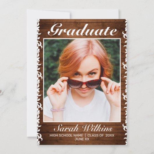 Rustisch Afstuderen met hout en witte kant Aankondiging (Voorkant)