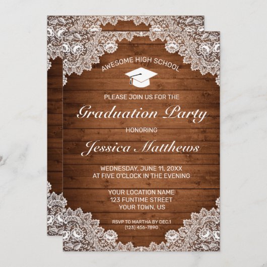 Rustisch Afstuderen met hout en witte kant Kaart (Voorkant / Achterkant)