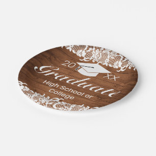 Rustisch Afstuderen met hout en witte kant Papieren Bordje