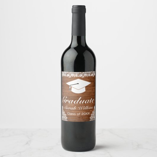 Rustisch Afstuderen Wijnlabel Wood & White Lace Wijn Etiket (Voorkant)