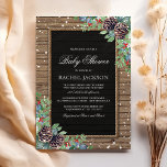 Rustisch Baby shower kerstwinter Kaart<br><div class="desc">Uitnodigingen voor de babydouche in de winter,  met een bijtende houten achtergrond,  een centraal stuk van het zwarte karton,  touw,  kerstdennenkegels,  bessen,  bladeren,  witte splatteringen van sneeuw en een gepersonaliseerde sjabloon van de baby shower.</div>