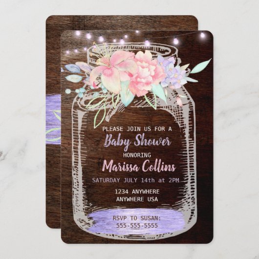 Rustisch Baby shower, Mason Jar Lights Boho Floral Kaart (Voorkant / Achterkant)