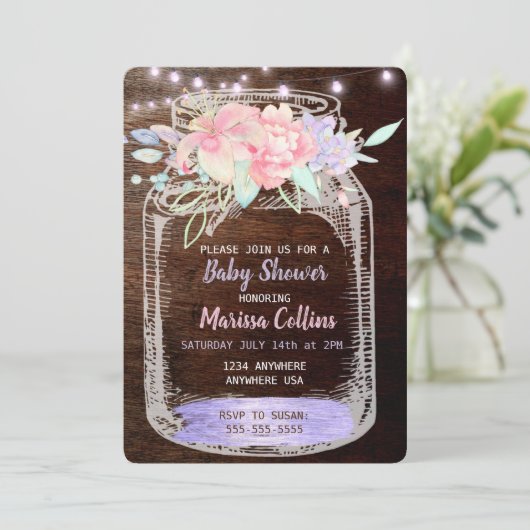 Rustisch Baby shower, Mason Jar Lights Boho Floral Kaart (Staand voorkant)