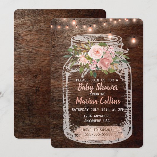 Rustisch Baby shower, Mason Jar Lights Boho Floral Kaart (Voorkant / Achterkant)