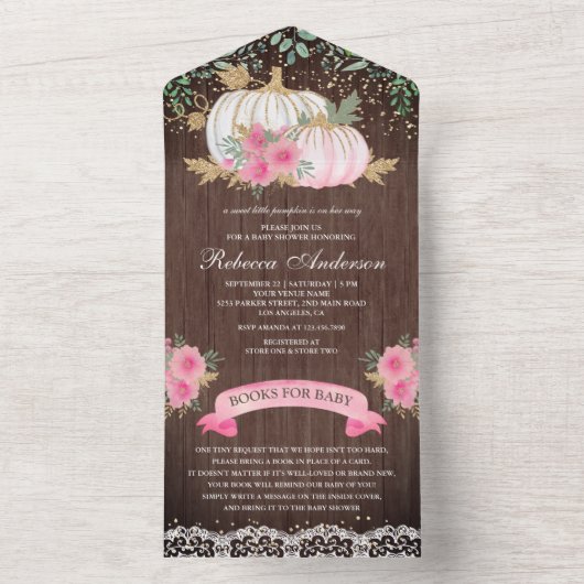 Rustisch Baby shower met houtroze goudpompoen All In One Uitnodiging (Binnen)