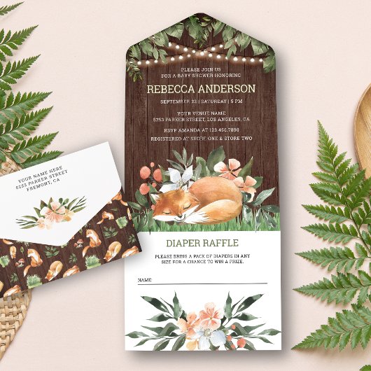 Rustisch Baby shower met houtslapend vos Woodland All In One Uitnodiging