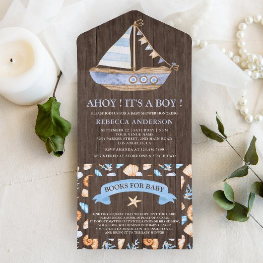 Rustisch Baby shower met zeezeilboot Nautical Sail All In One Uitnodiging