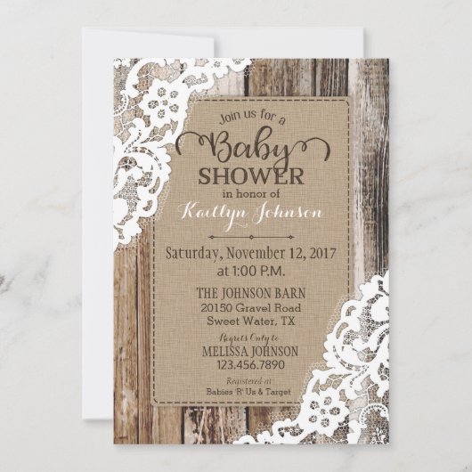 Rustisch Baby shower van Barn Wood Lace Kaart (Voorkant)