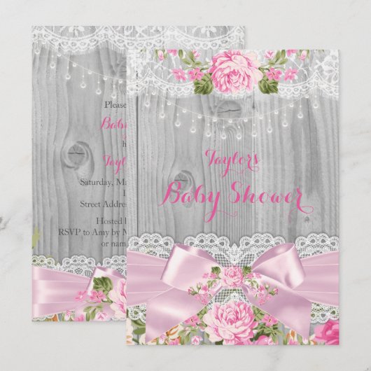 Rustisch Baby shower van hout Roze pink 2 Kaart (Voorkant / Achterkant)