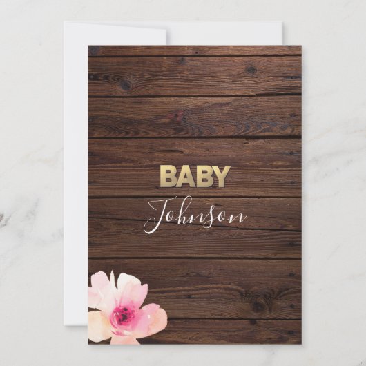 Rustisch Baby shower van landhout - Floral roze go Kaart (Achterkant)