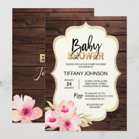 Rustisch Baby shower van landhout - Floral roze go Kaart (Voorkant / Achterkant)