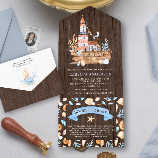Rustisch Baby shower van Nautical Lighthouse All In One Uitnodiging