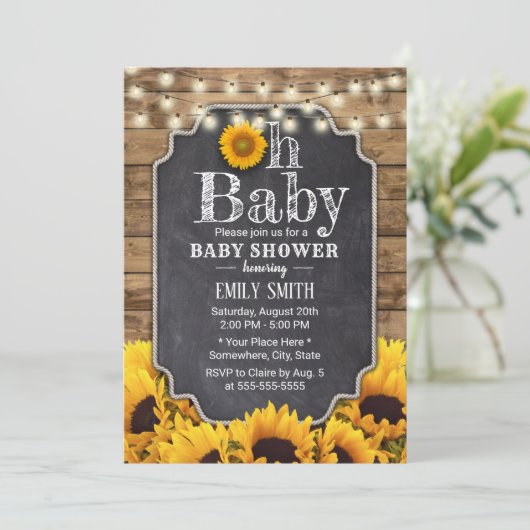 Rustisch Baby shower van zonnebloemen Chalkboard Kaart (Staand voorkant)