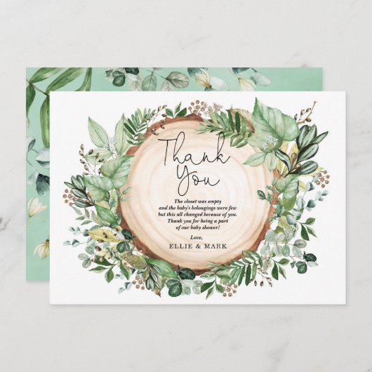 Rustisch Baby shower voor botanische groenbossen Bedankkaart (Voorkant / Achterkant)